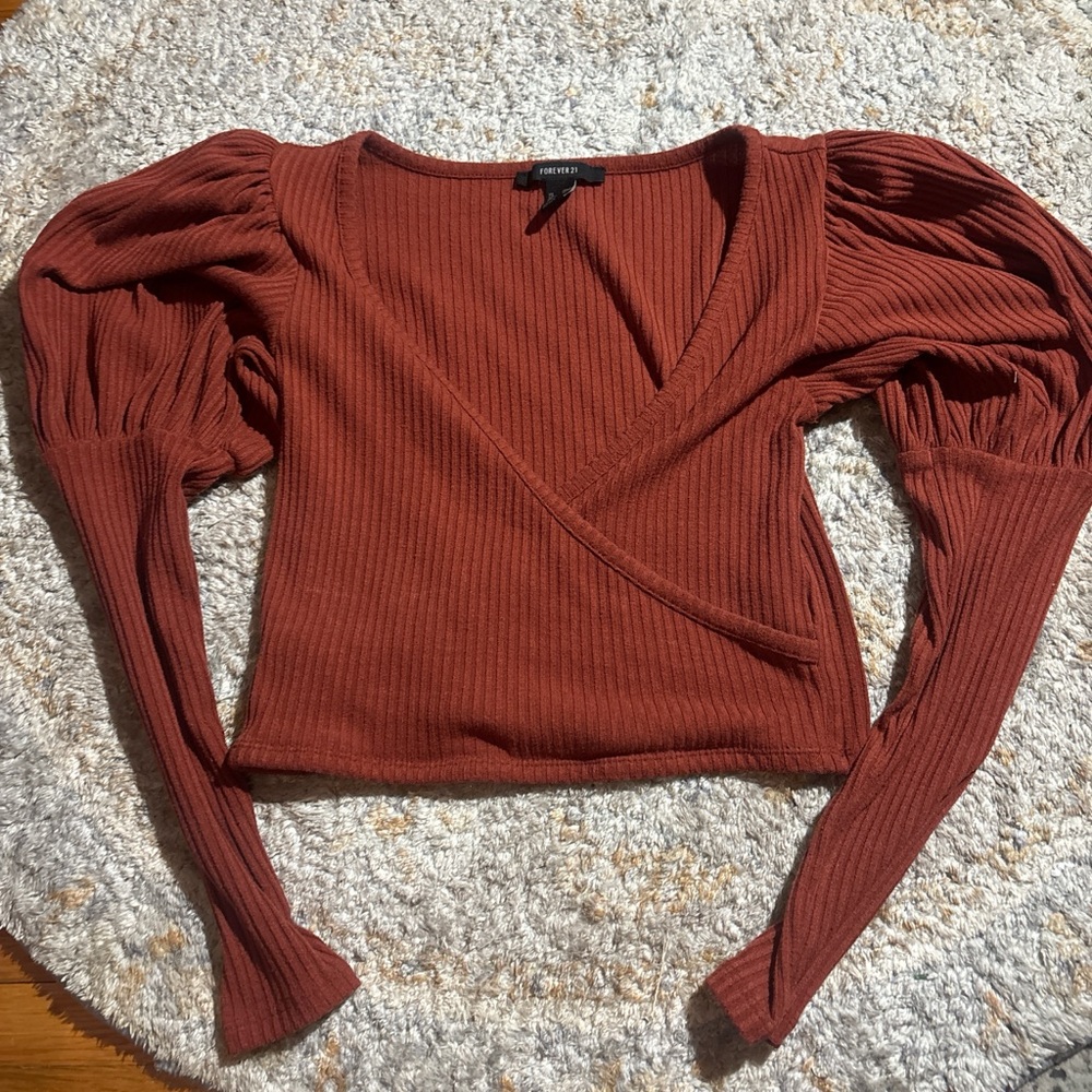 Forever 21 Rust Ribbed Puff-Sleeve Wrap Long Sleeve Top